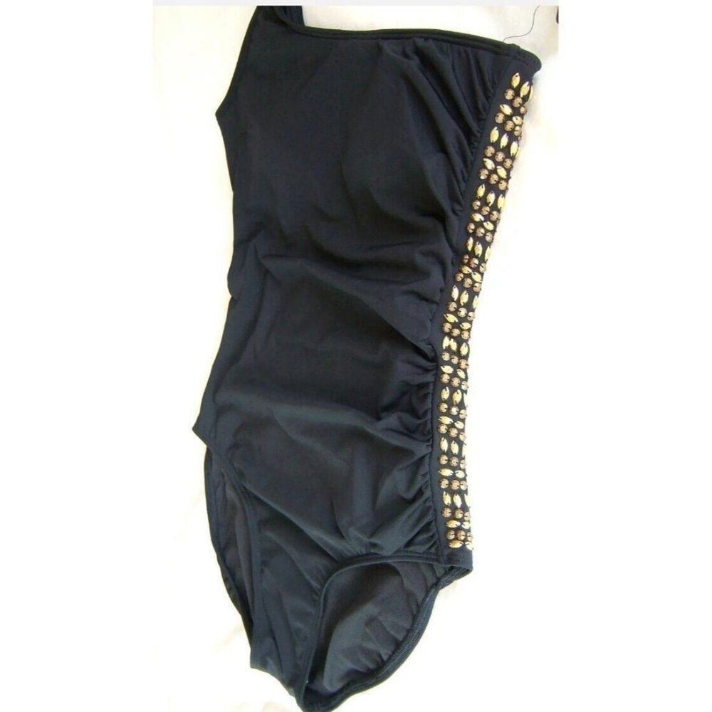 Laundry by Shelli Segal Black Gold One Shoulder Ruched Swim Suit Sze S